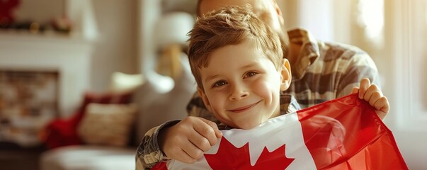 Canvas Print - Adorable cute happy Caucasian boy holding Canadian flag on the father shoulde