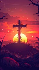 Wall Mural - good friday, in your grace text circle thorns and Cross crucifix on hill grass and sunset for good friday vector design