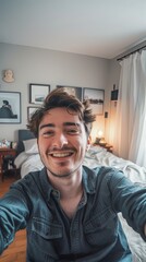 Young attractive man taking self portrait in room at home alone