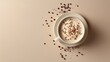 a cup of coffee with halva and milk, featuring a creamy color palette, topped with foam and chocolate sprinkles, against a backdrop with ample empty space for text.