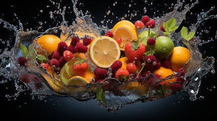  Fruits on black background with water splash