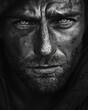 © Oskar Reschke - A close-up photograph capturing the intense gaze of a bounty hunter, emphasizing the resilience and determination in their eyes. The gritty black and white composition with high contrast.