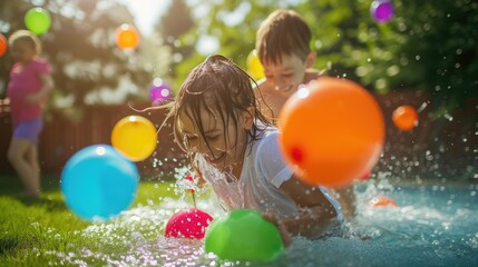 A joyful event unfolds as a group of children happily engage in a leisurely backyard activity, playing with water balloons. AIG41