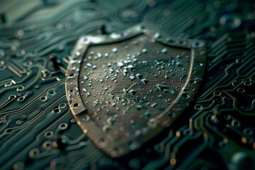 Poster - A shield with water drops on it sits on a motherboard
