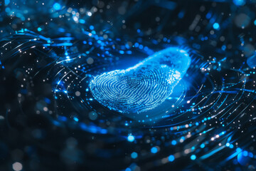 Poster - A blue fingerprint is surrounded by blue lights
