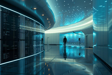 Poster - A man stands in a futuristic hallway with a display of data on the wall