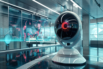 Poster - A futuristic camera with a red light coming out of it