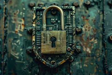Poster - A padlock made out of a circuit board with a key in it