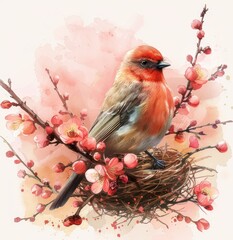 Wall Mural - easter bird and flower in nest