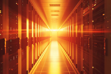 Poster - A row of servers in a data center with the sun shining through them