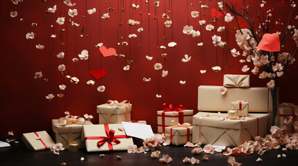 Wall Mural - gift box with red ribbon on bright red background