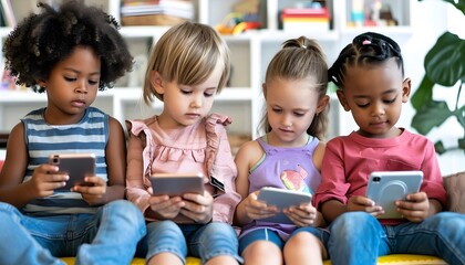  diverse young kids playing on tablets learning playing together 