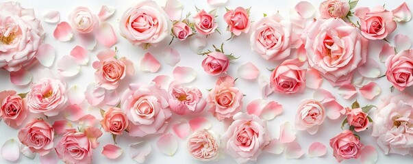 Sticker - Close up of blooming pink roses flowers and petals isolated on white table background. Floral frame composition. Decorative web banner. Empty space, flat lay, top view.