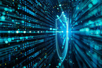 Poster - A digital image of a shield surrounded by binary code