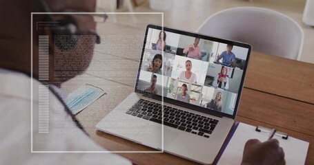 Poster - Animation of data processing and diagram over diverse colleagues having video call in office