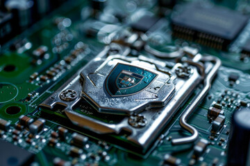 Wall Mural - A close up of a computer chip with a shield on it