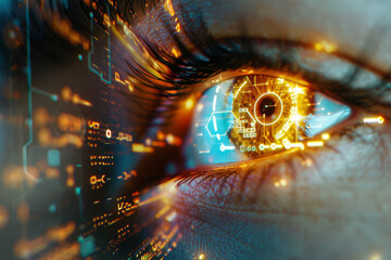 Poster - A close up of a woman 's eye with a computer screen behind it