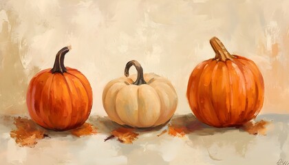 painting of three pumpkins two orange one white autumn seasonal decoration 