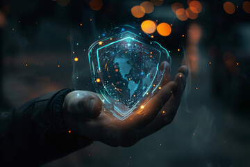 Poster - A person holding a shield with a map of the world on it