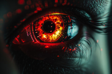 Poster - A close up of a woman 's eye with a glowing red eye