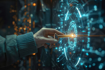Poster - A person is holding a key in front of a digital screen