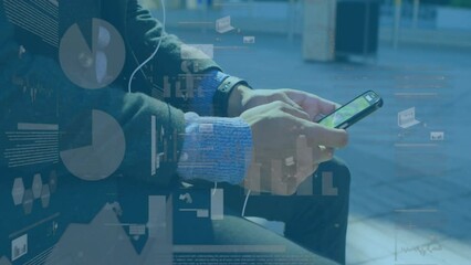 Poster - Animation of data processing and diagrams over biracial man using smartphone in city
