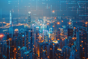 Poster - An aerial view of a city at night with lots of lights