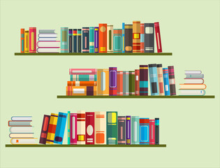 books on bookshelves in flat design style vector illustration 