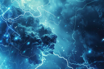 Poster - Lightning strikes in a dark blue sky with a drawing of a rocket in the background