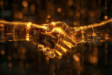 Poster - A handshake between two glowing hands with a dark background