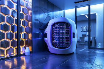 Poster - A futuristic looking device in a room with a blue light behind it