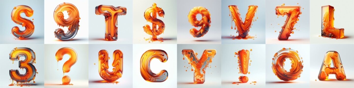 Orange glass 3D Lettering Typeface. AI generated illustration