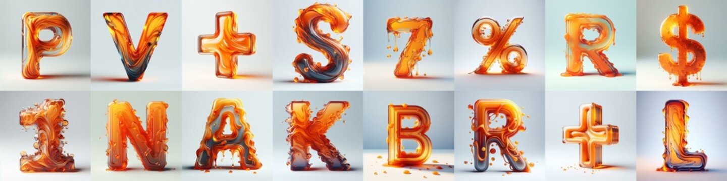 Orange glass 3D Lettering Typeface. AI generated illustration