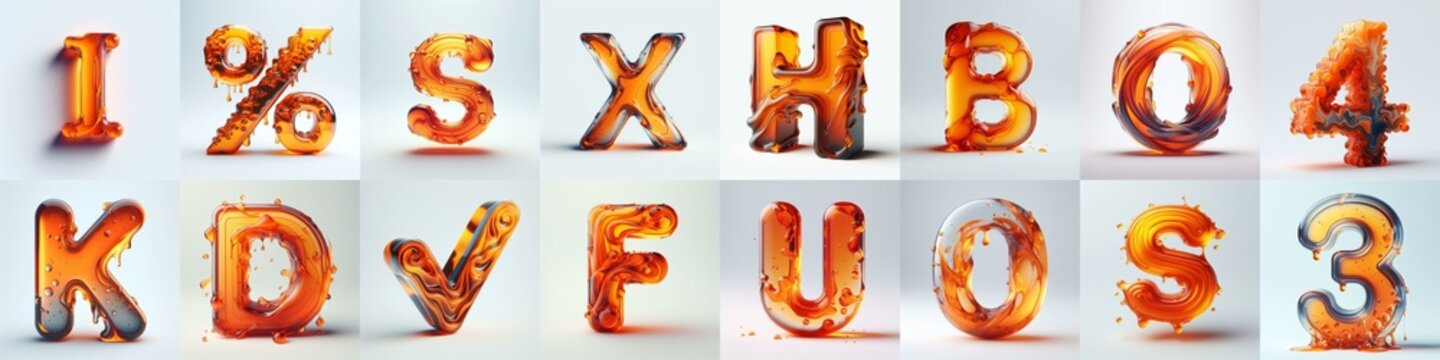 Orange glass 3D Lettering Typeface. AI generated illustration