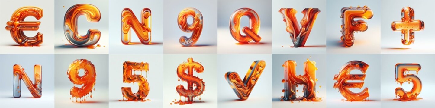 Orange glass 3D Lettering Typeface. AI generated illustration