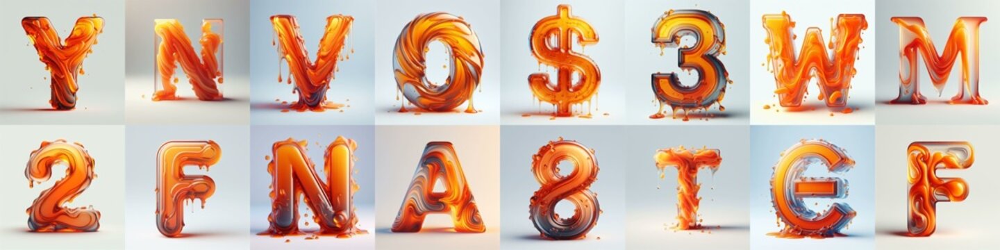 Orange glass 3D Lettering Typeface. AI generated illustration