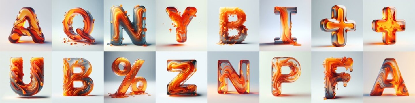 Orange glass 3D Lettering Typeface. AI generated illustration