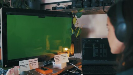 Aufkleber - Woman, green screen and computer for information technology, technical support and business software. Professional programmer typing with mockup for programming, coding or listening on her headphones