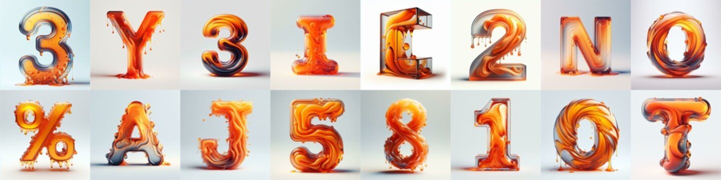 Orange glass 3D Lettering Typeface. AI generated illustration