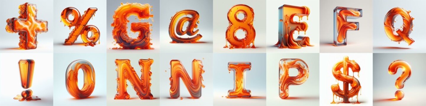 Orange glass 3D Lettering Typeface. AI generated illustration