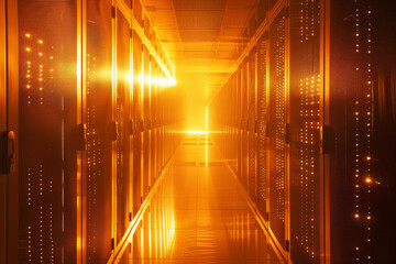 Poster - A row of servers in a dark hallway with orange lights