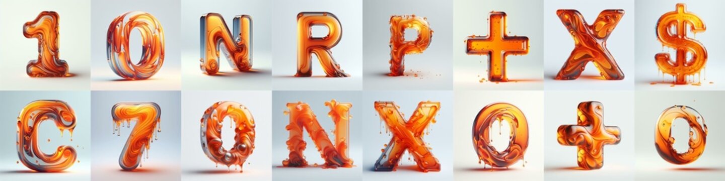 Orange glass 3D Lettering Typeface. AI generated illustration