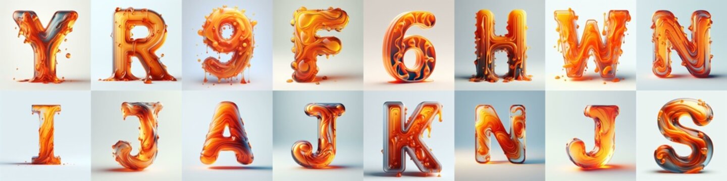 Orange glass 3D Lettering Typeface. AI generated illustration