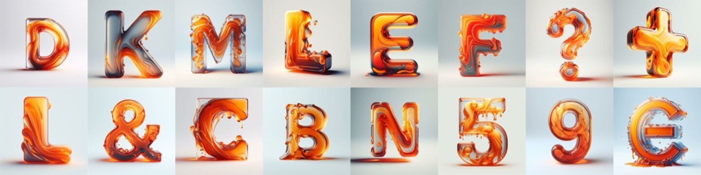 Orange glass 3D Lettering Typeface. AI generated illustration