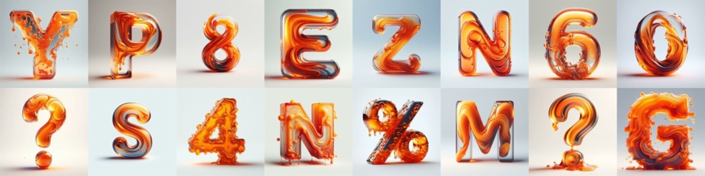 Orange glass 3D Lettering Typeface. AI generated illustration