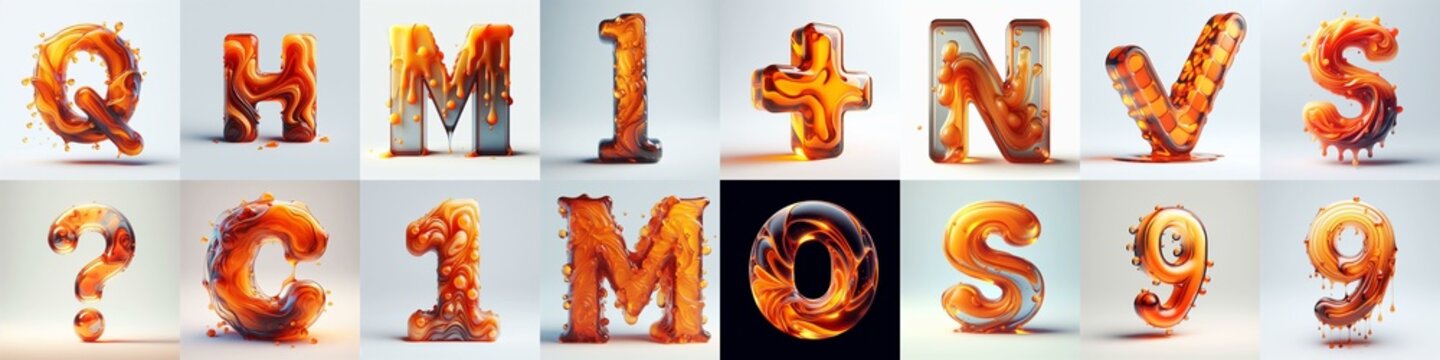 Orange glass 3D Lettering Typeface. AI generated illustration