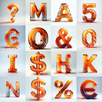 Orange glass 3D Lettering Typeface. AI generated illustration