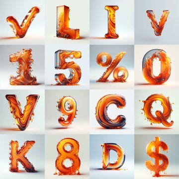 Orange glass 3D Lettering Typeface. AI generated illustration