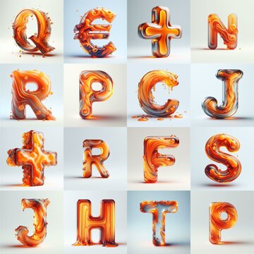 Orange glass 3D Lettering Typeface. AI generated illustration