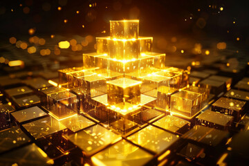 Poster - A computer generated image of a pyramid made of gold cubes
